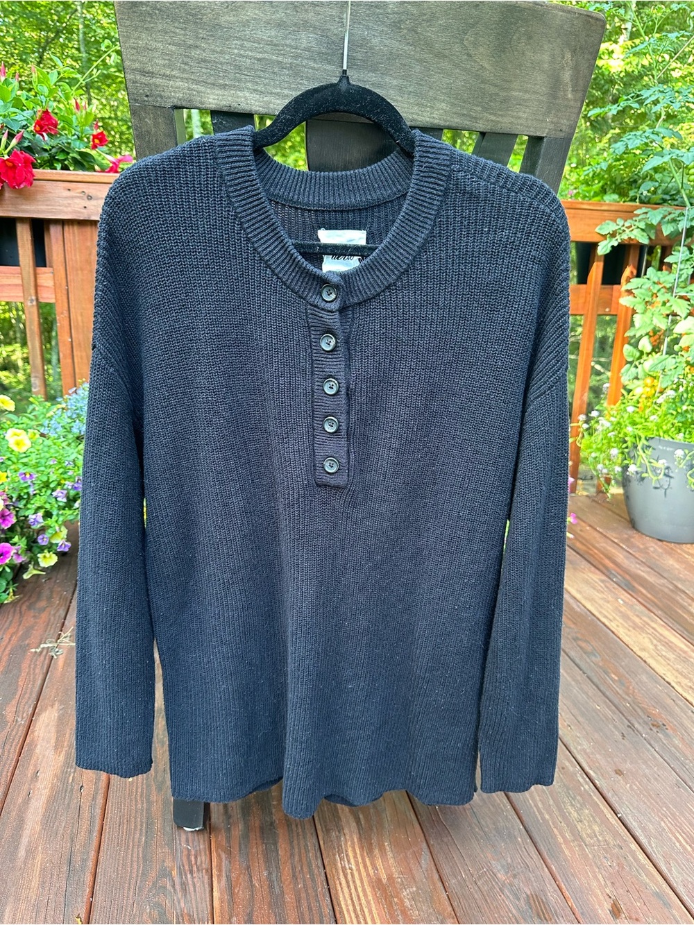 aerie Black Crewneck Henley Knit Sweater
